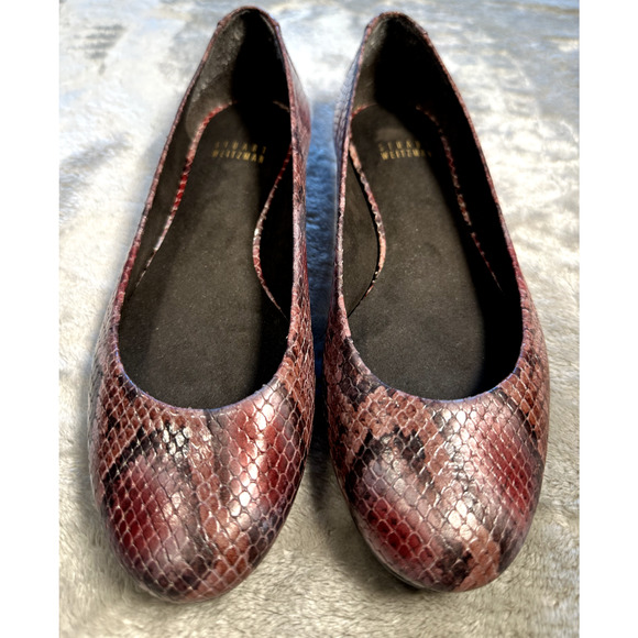 Stuart Weitzman Red Gray Snake Print Leather Slip On Ballet Flats EU 38 US 7.5 - Picture 1 of 6